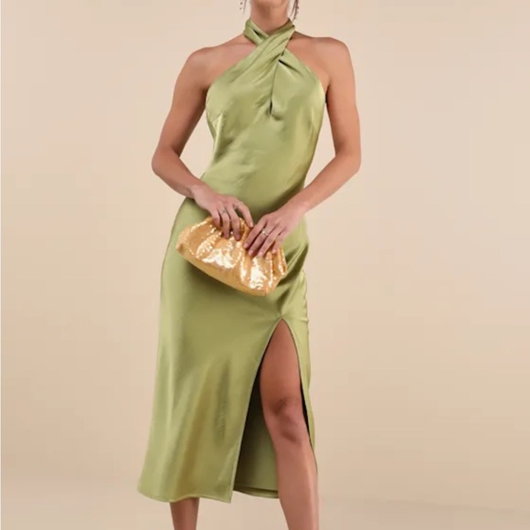 Chartreuse Satin Halter Midi Dress - Picture 1 of 6